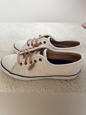 Sperry Women’s Cream Canvas Sneakers with Tan Leather Laces